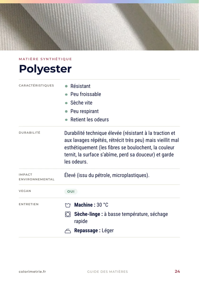Guide des matières, page 24 : la fiche du polyester, avec ses caractéristiques, sa durabilité, son impact environnemental et son entretien