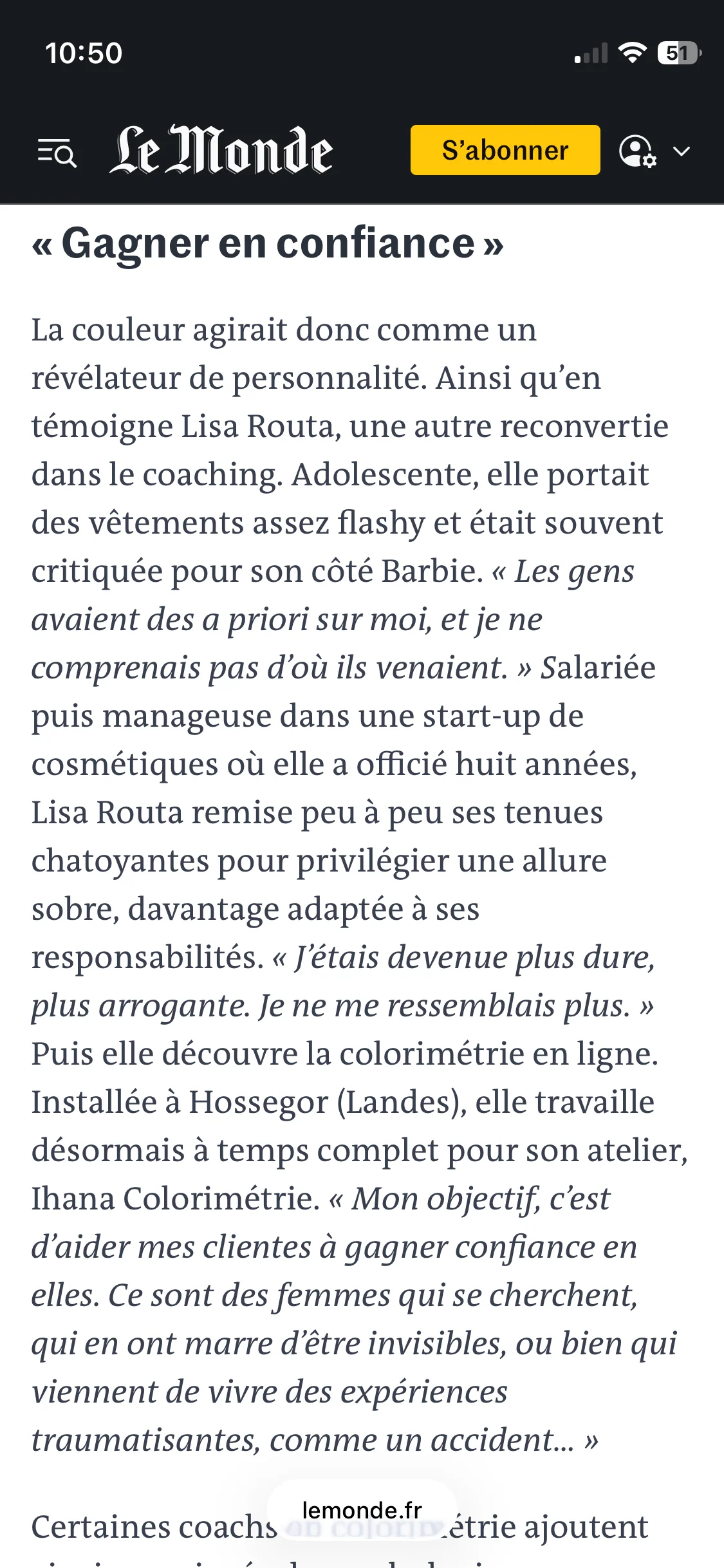 Lisa Routa est citée dans le journal Le Monde comme experte colorimétrie : elle utilise la colorimétrie pour reprendre confiance en soi et développer son personal branding.