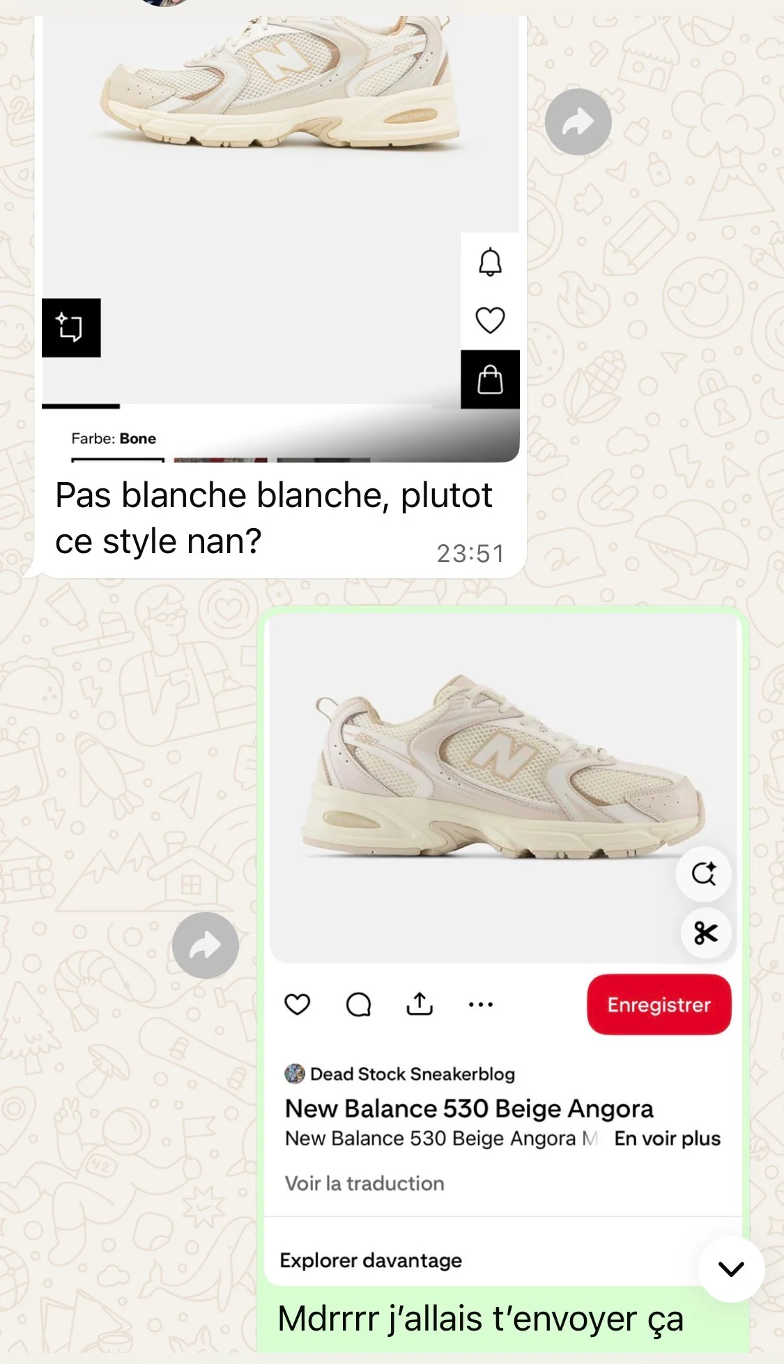 Conversation de coaching privé : échange de photos de baskets beiges, avec « Pas blanche blanche, plutôt ce style non ? » et la réponse « Mdr j’allais t’envoyer ça »