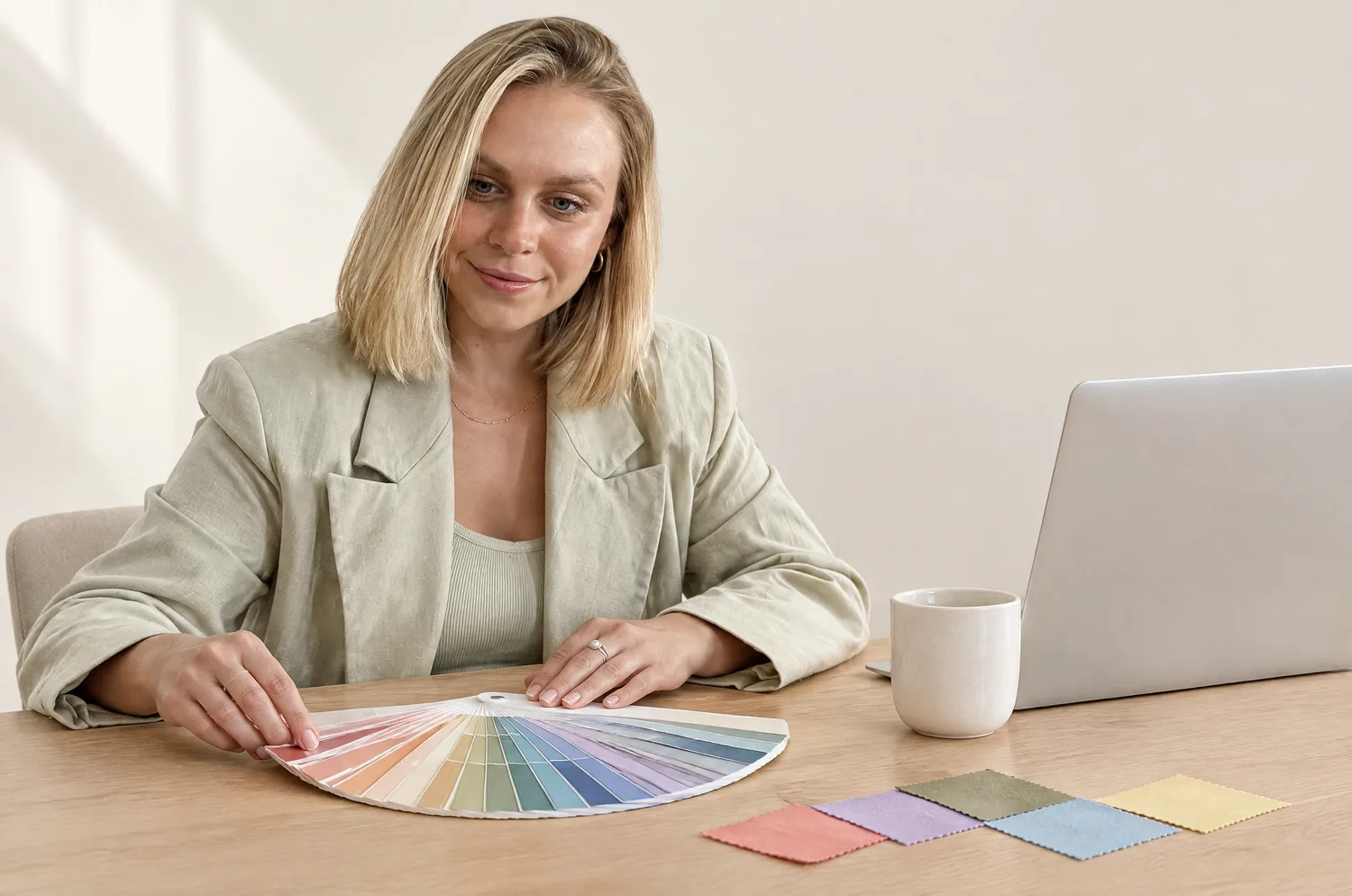 Lisa Routa assise à un bureau clair, penchée sur un nuancier en éventail et des carrés de tissu, avec un ordinateur portable ouvert vu de dos et une tasse
