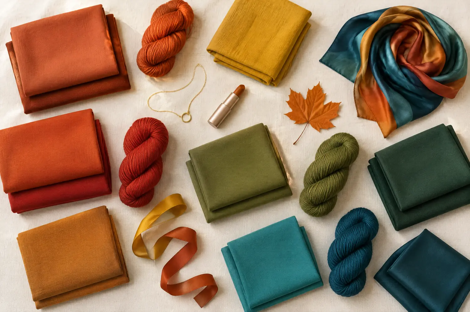 Tissus, laines et feuille d’érable dans les couleurs chaudes de la palette automne chaud