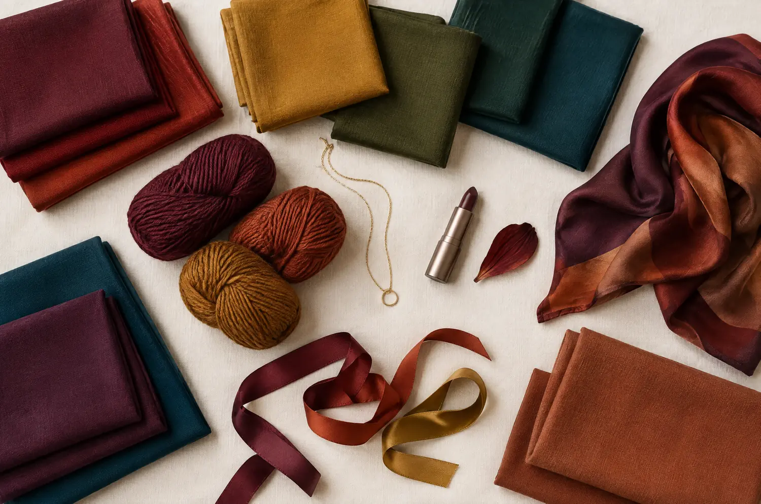 Tissus, rubans et pétale bordeaux dans les couleurs profondes de la palette automne profond