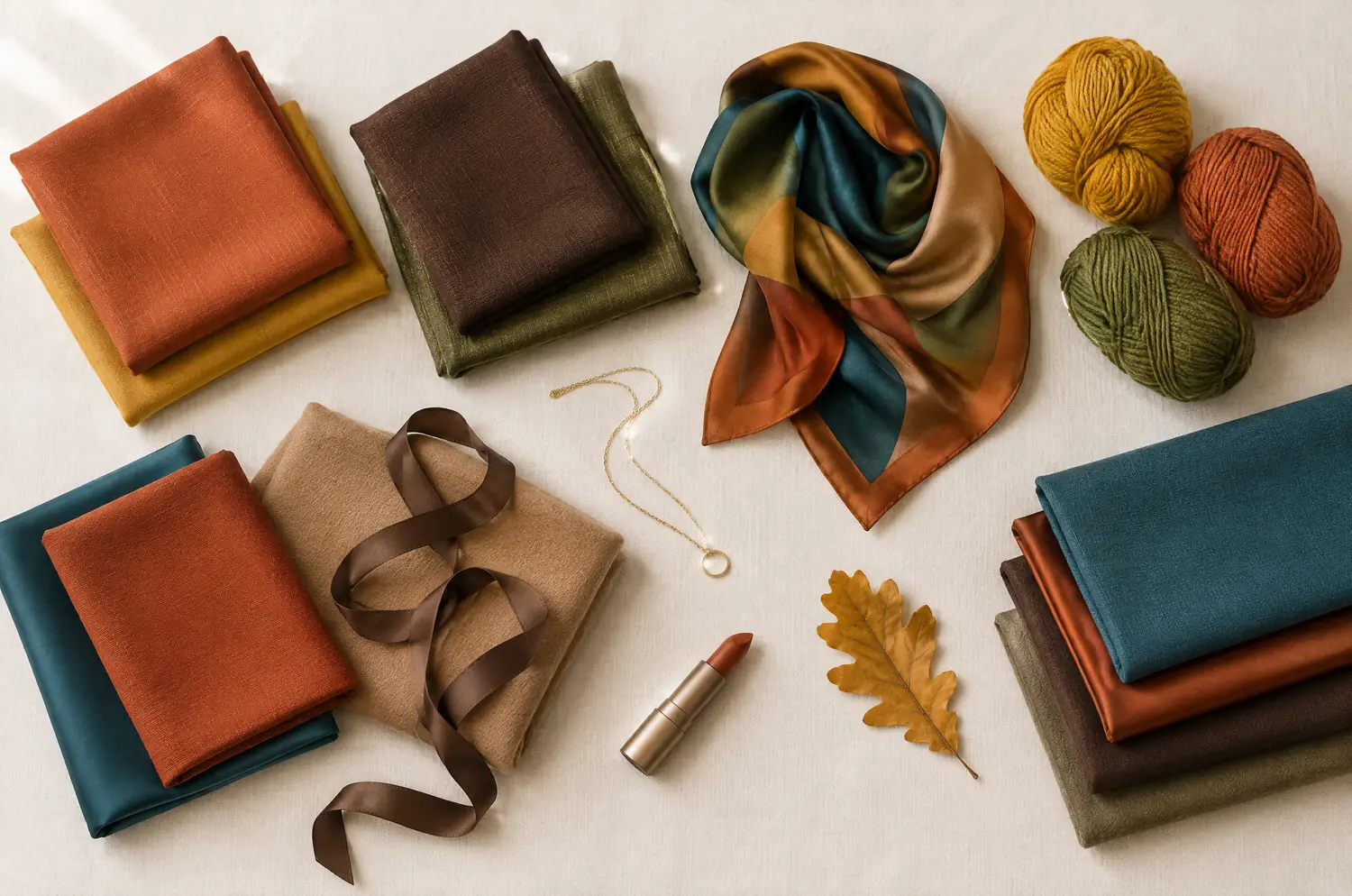 Tissus, laines et feuille de chêne séchée dans les couleurs chaudes de la palette automne