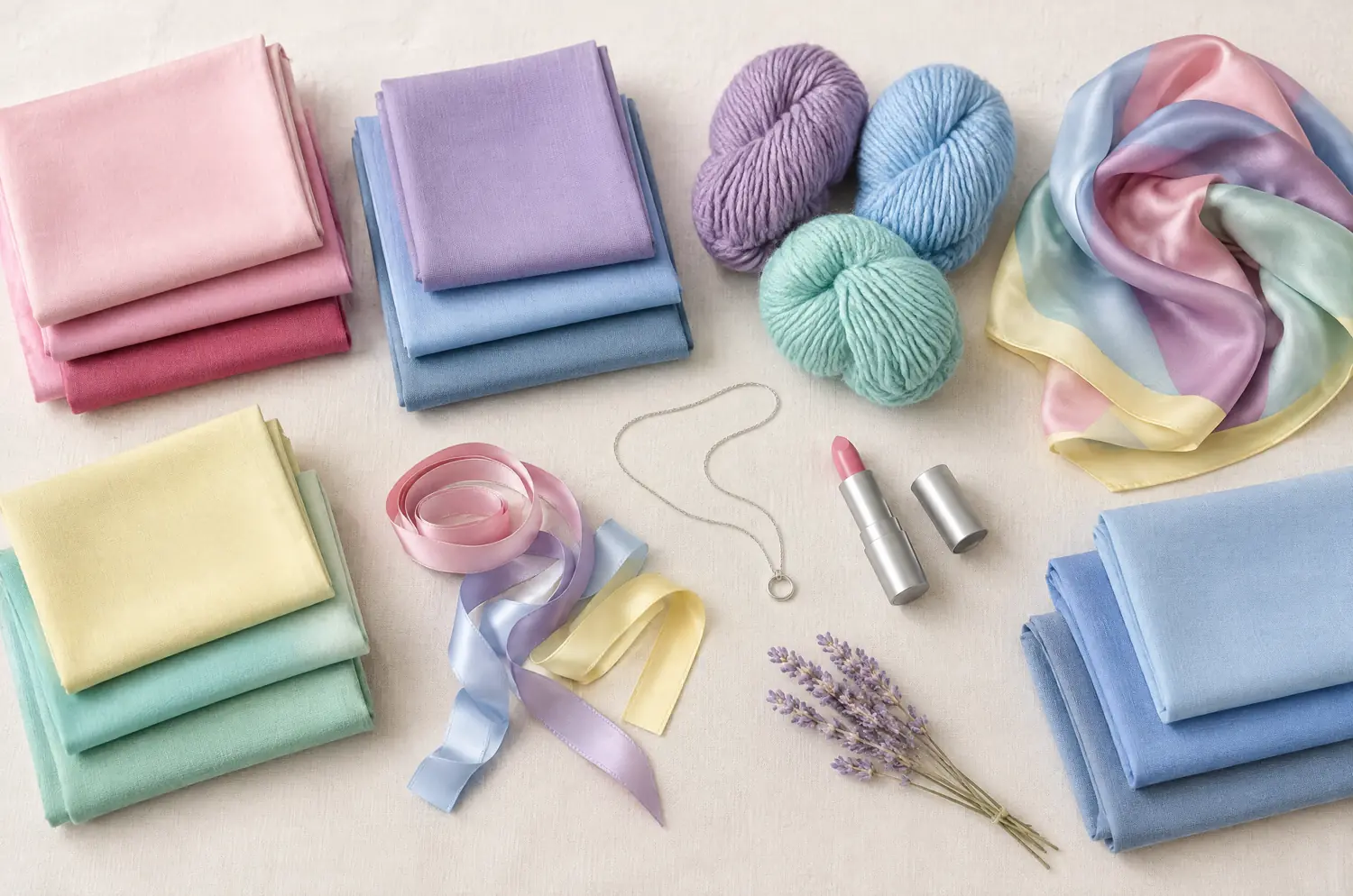 Tissus, rubans, lavande et collier argenté dans les couleurs de la palette été clair