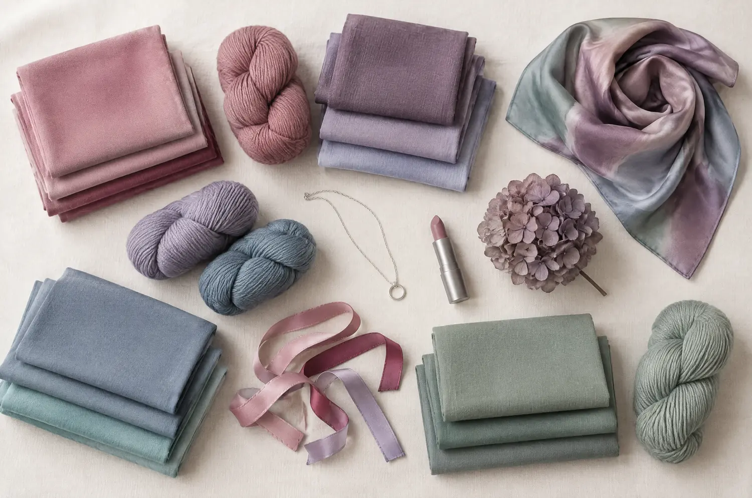 Tissus et accessoires dans les couleurs poudrées de la palette été doux