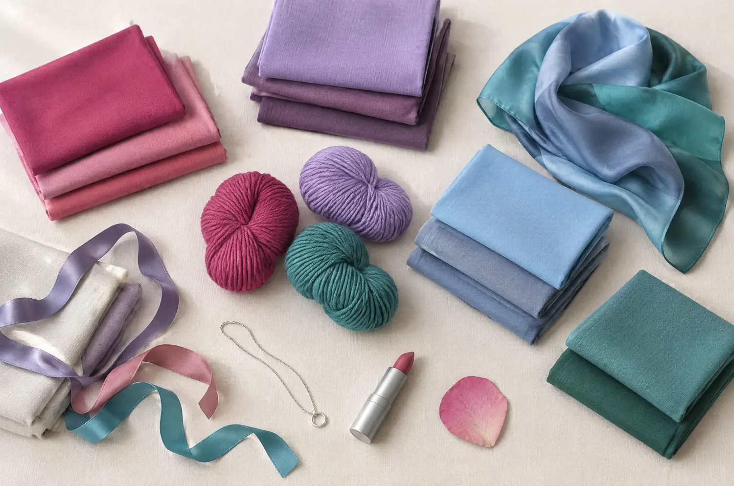 Tissus, laines et pétale de rose dans les couleurs froides de la palette été froid