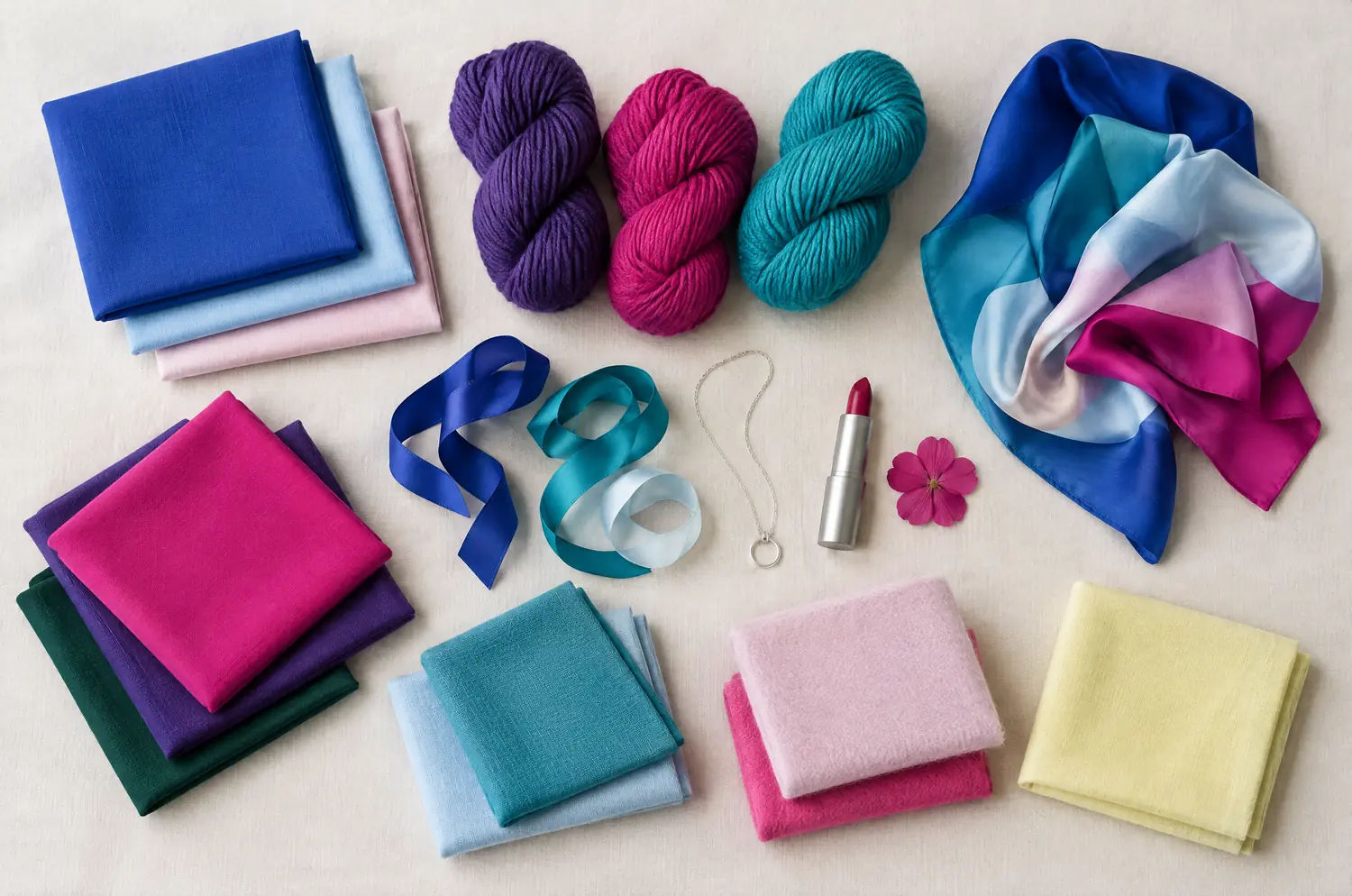 Tissus, rubans et fleur fuchsia dans les couleurs froides et nettes de la palette hiver froid