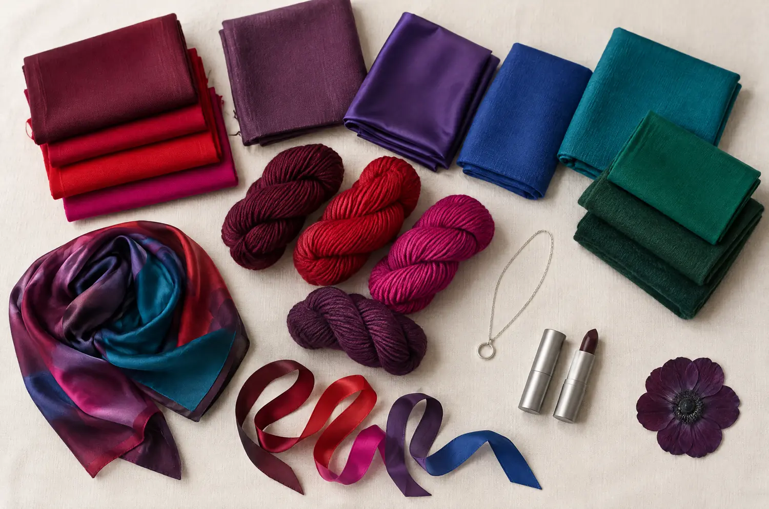 Tissus, laines et anémone prune dans les couleurs intenses de la palette hiver profond