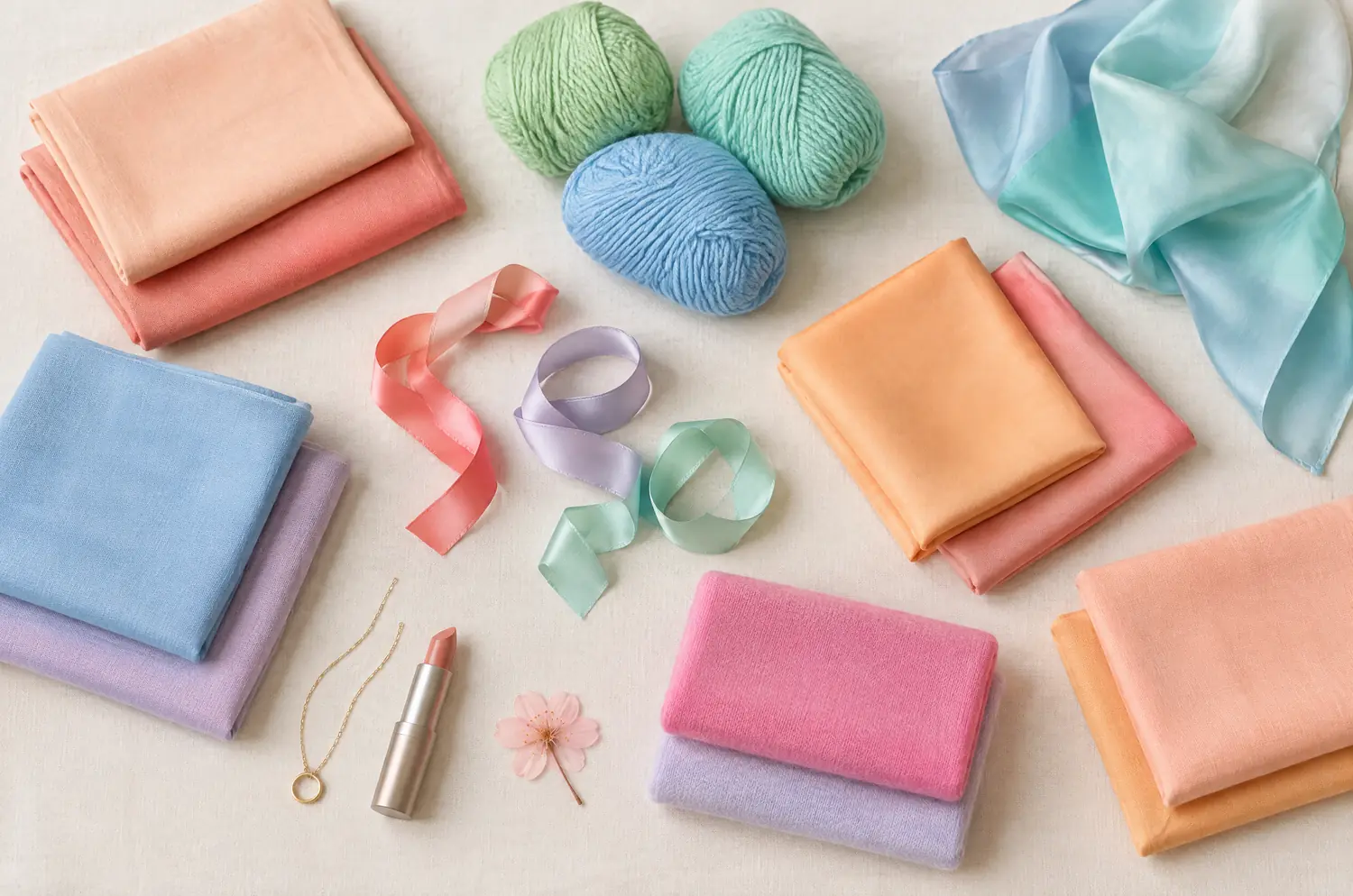 Tissus, rubans et bijou doré aux teintes claires et fraîches de la palette printemps clair