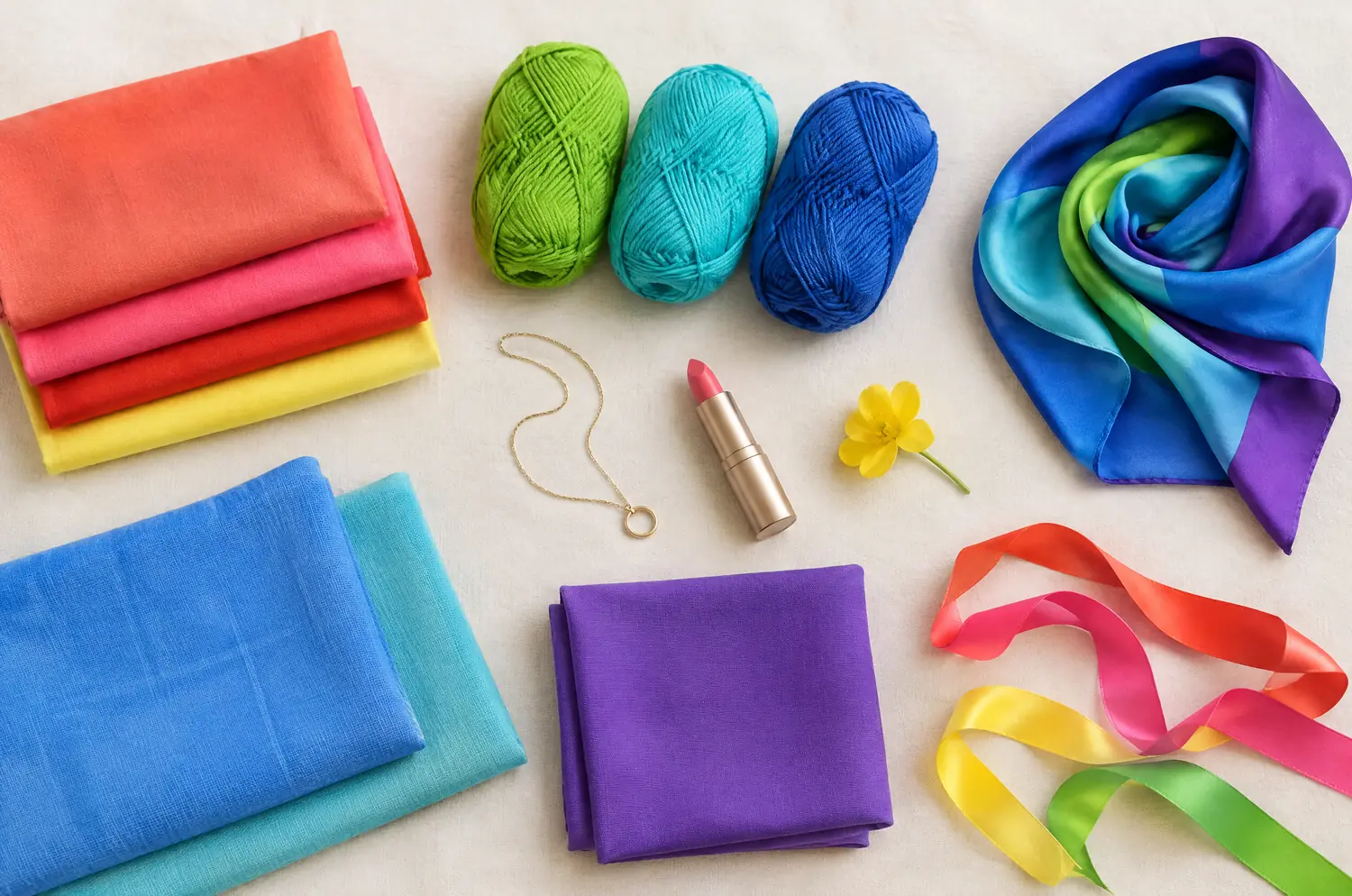 Tissus, pelotes et rubans aux couleurs vives et lumineuses de la palette printemps lumineux