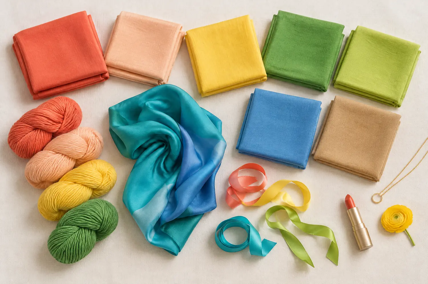 Tissus pliés, écheveaux de laine et bijou doré dans les couleurs de la palette printemps