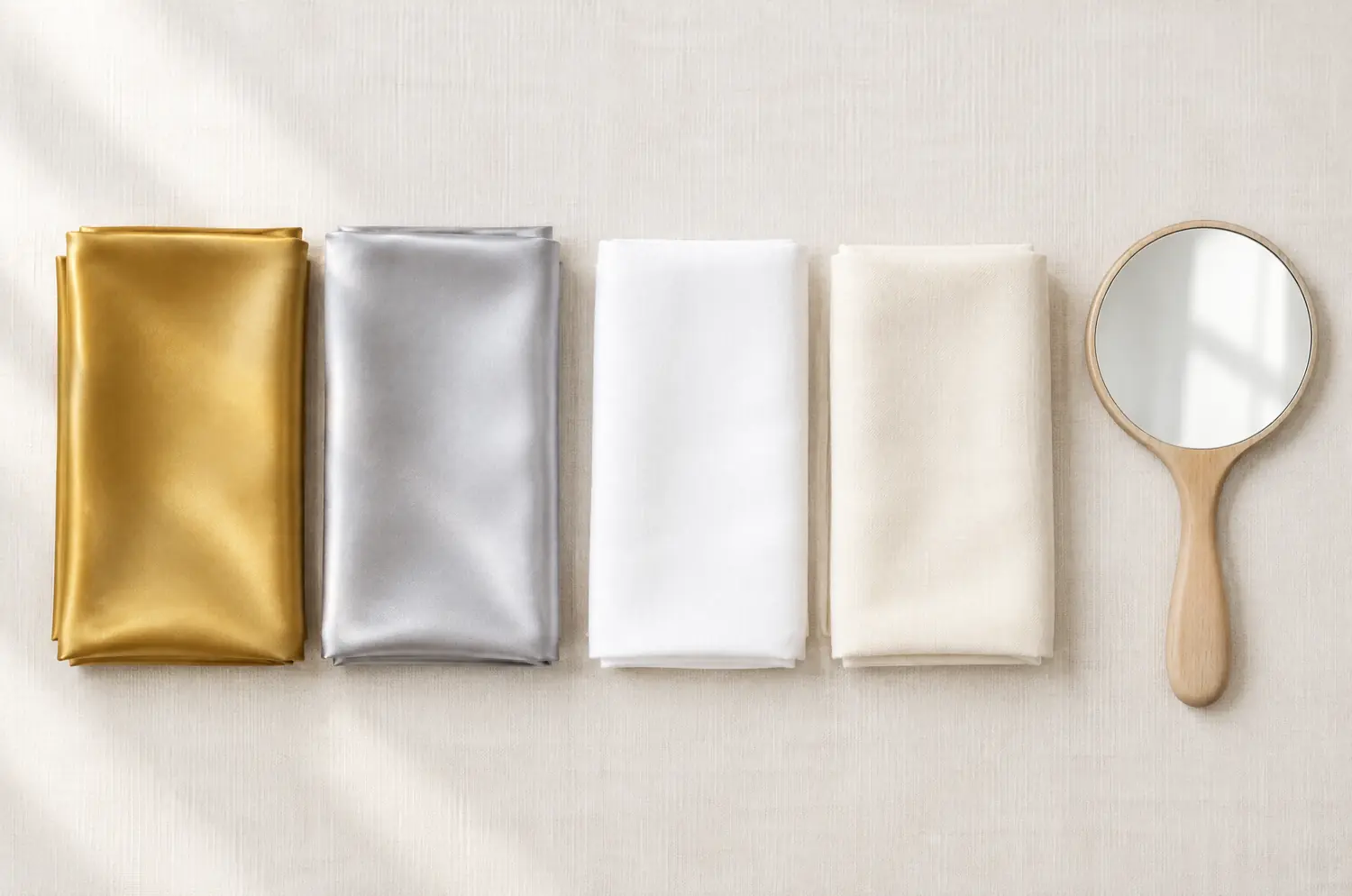 Tissus pliés doré, argenté, blanc pur et blanc cassé, avec un miroir à main en bois, pour tester son sous-ton chez soi
