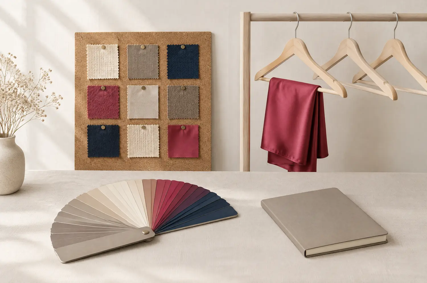Plan de travail de styliste : éventail de nuances, échantillons de tissus épinglés sur un tableau de liège, cintres en bois et carnet fermé en taupe, framboise et bleu nuit