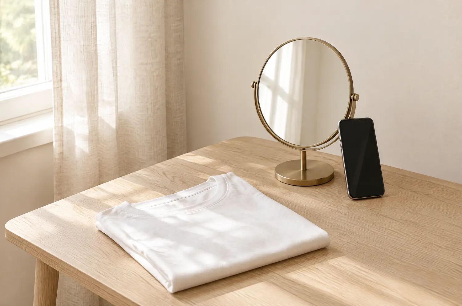 Table en bois clair près d'une fenêtre à rideau de lin : miroir à poser, haut blanc plié et téléphone appuyé contre le miroir